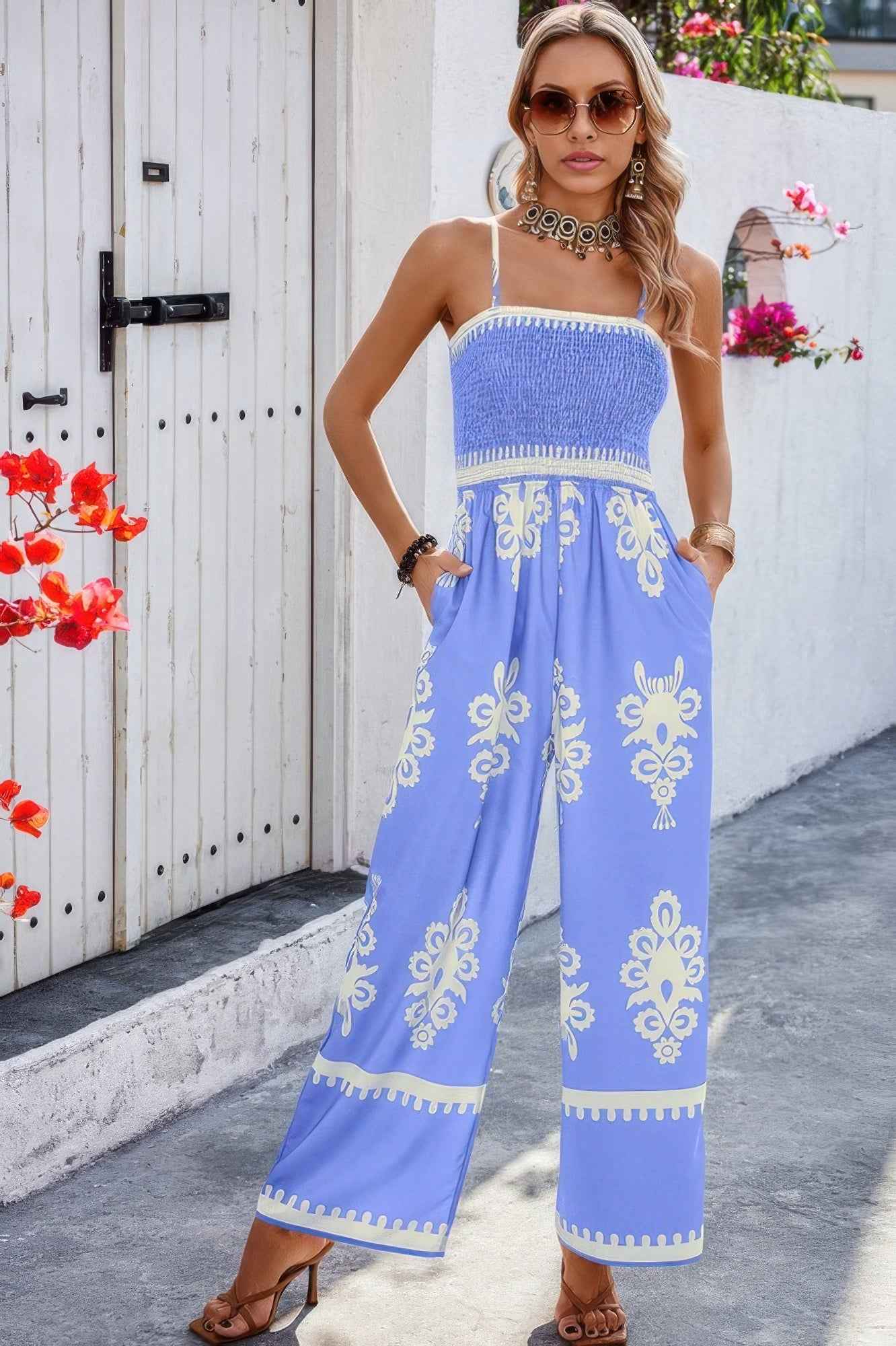 Off Shoulder Ruched Printed High Waist Jumpsuit