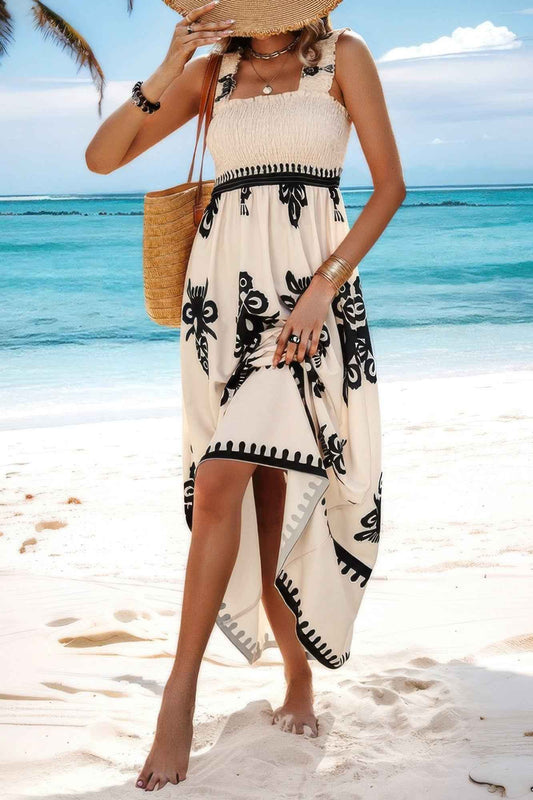 Sleeveless Square Neck A Line Smocked Shirred Dress