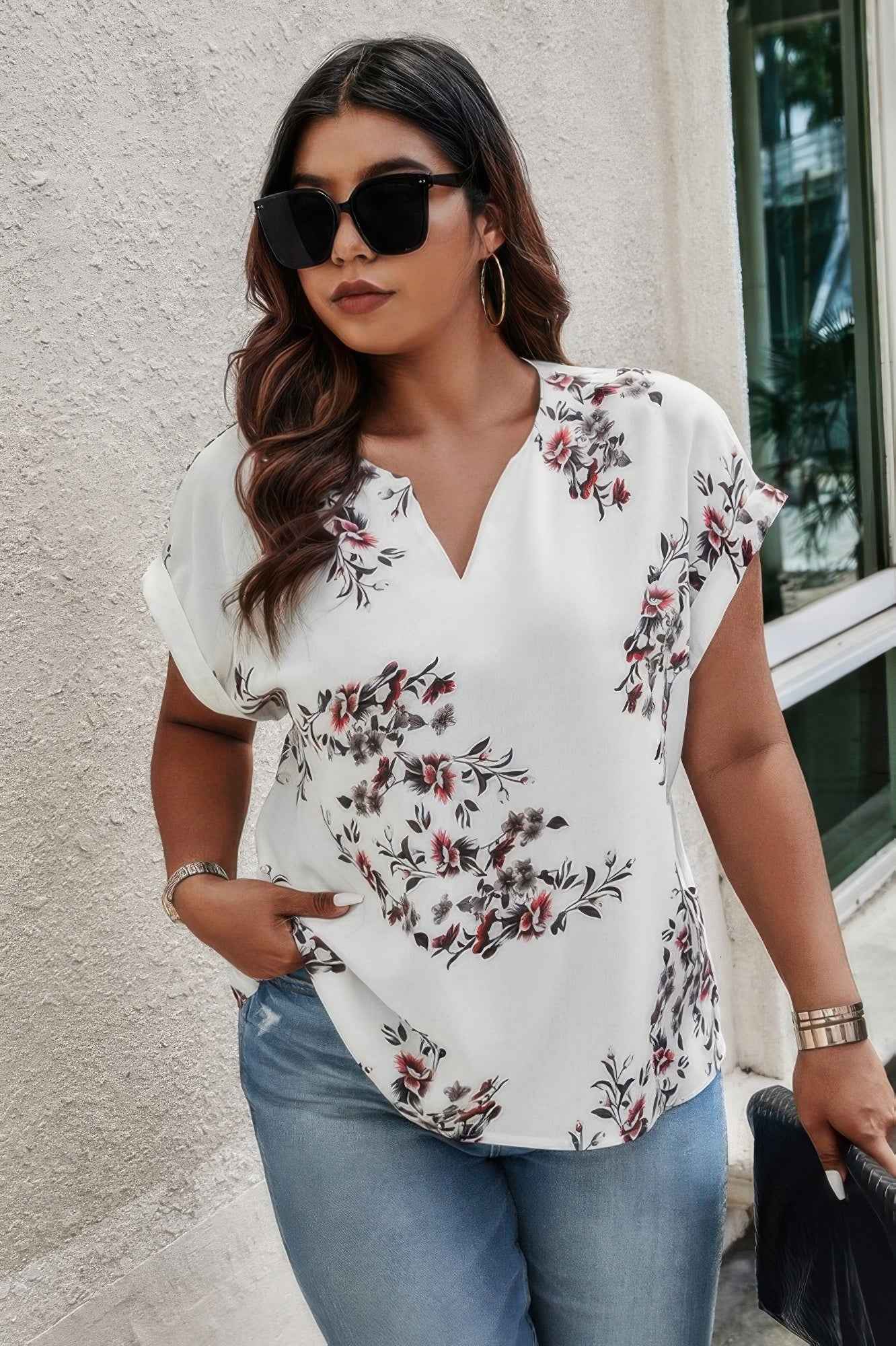 Plus Size Floral Print V Neck Loose Blouse