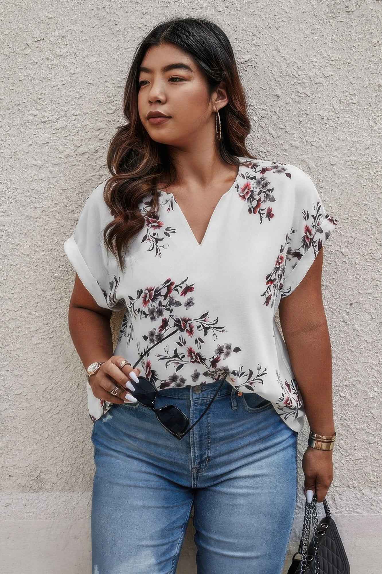 Plus Size Floral Print V Neck Loose Blouse