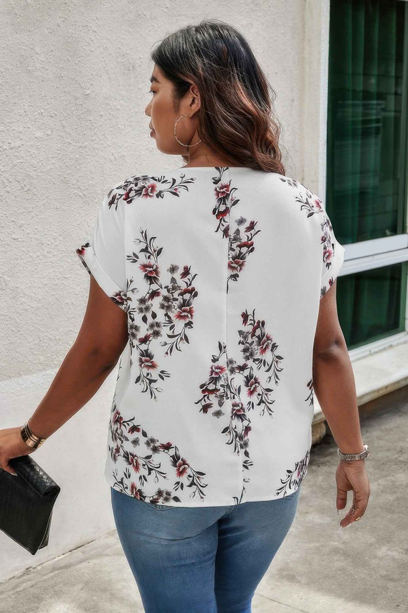 Plus Size Floral Print V Neck Loose Blouse