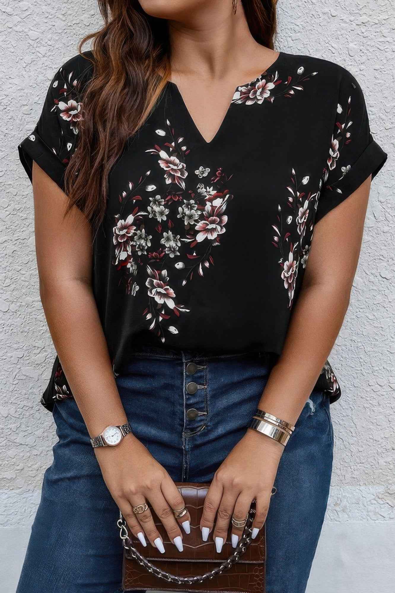 Plus Size Floral Print V Neck Loose Blouse