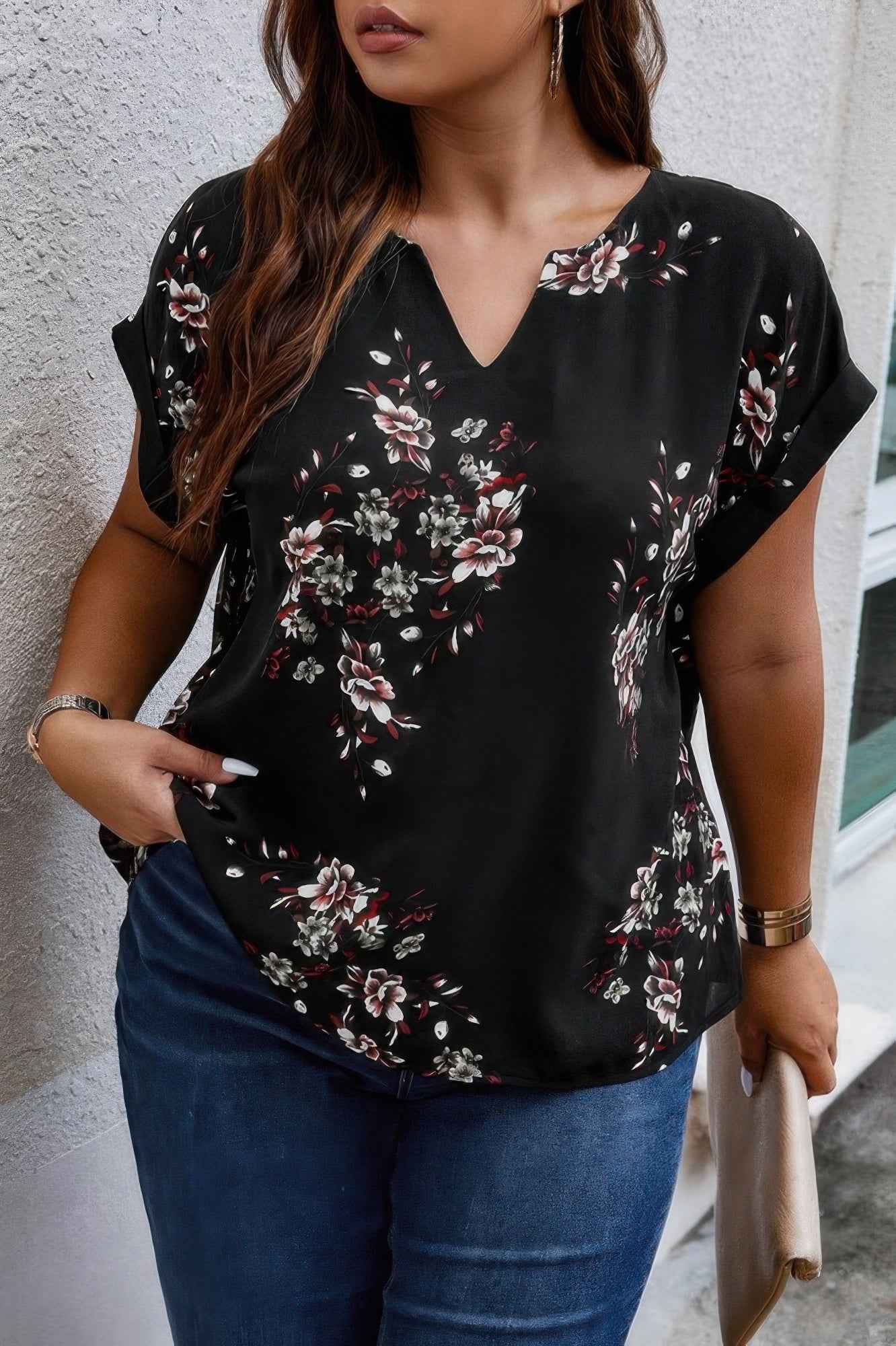 Plus Size Floral Print V Neck Loose Blouse