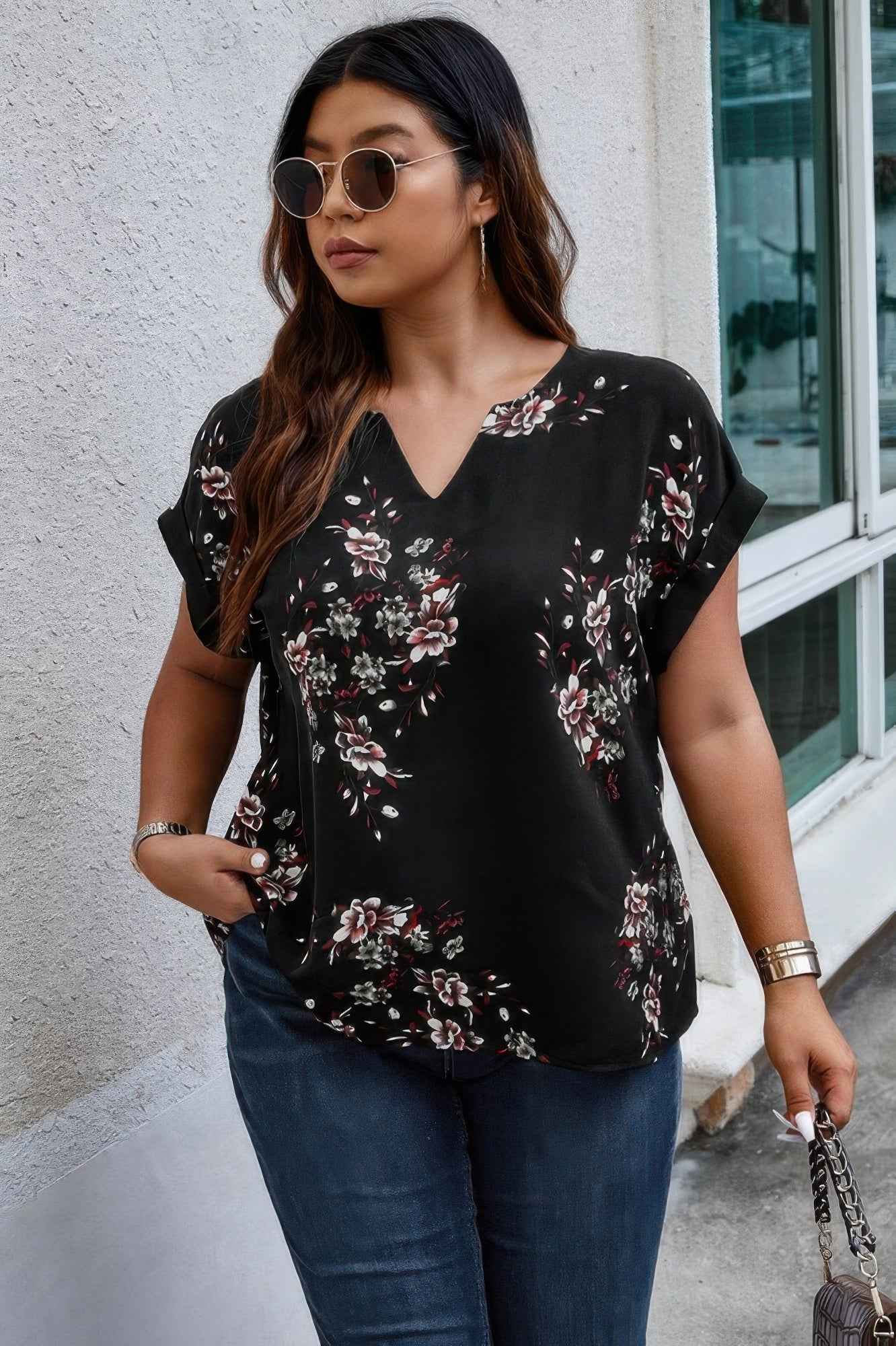 Plus Size Floral Print V Neck Loose Blouse