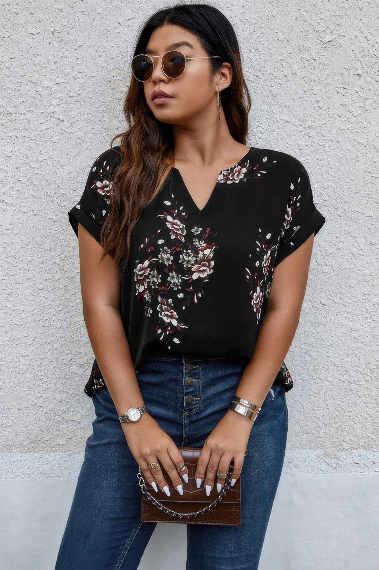 Plus Size Floral Print V Neck Loose Blouse
