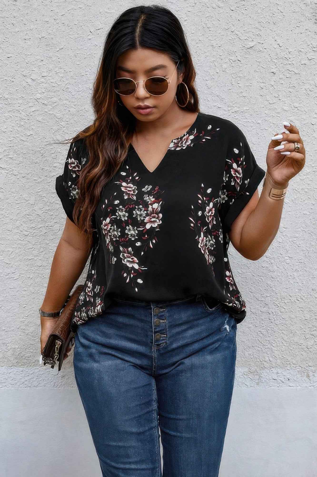 Plus Size Floral Print V Neck Loose Blouse