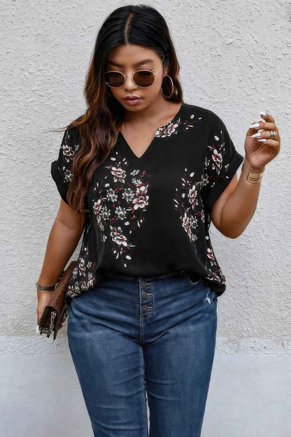 Plus Size Floral Print V Neck Loose Blouse