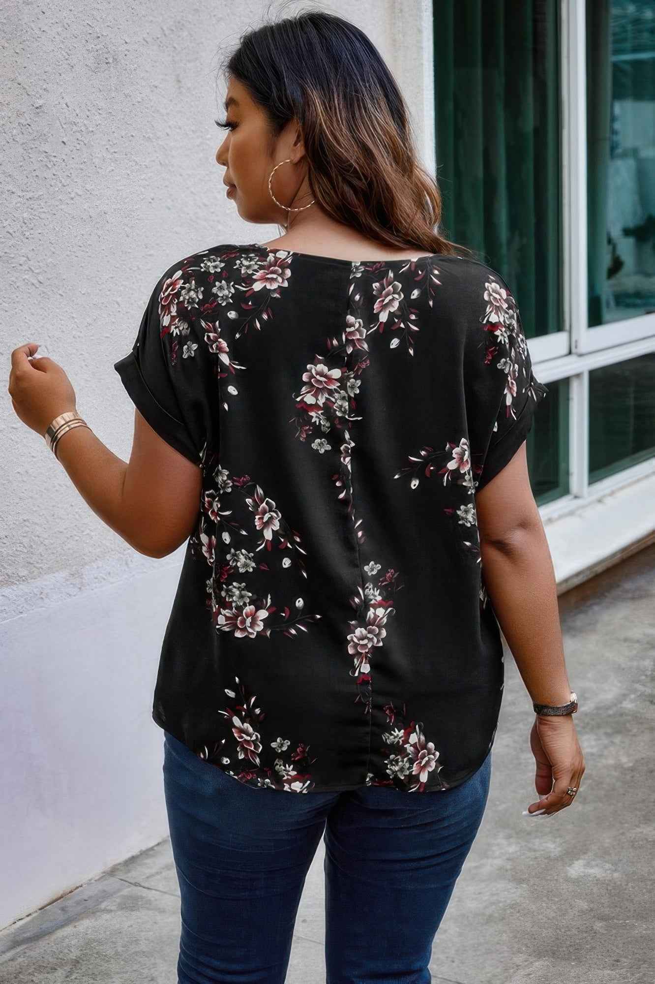 Plus Size Floral Print V Neck Loose Blouse
