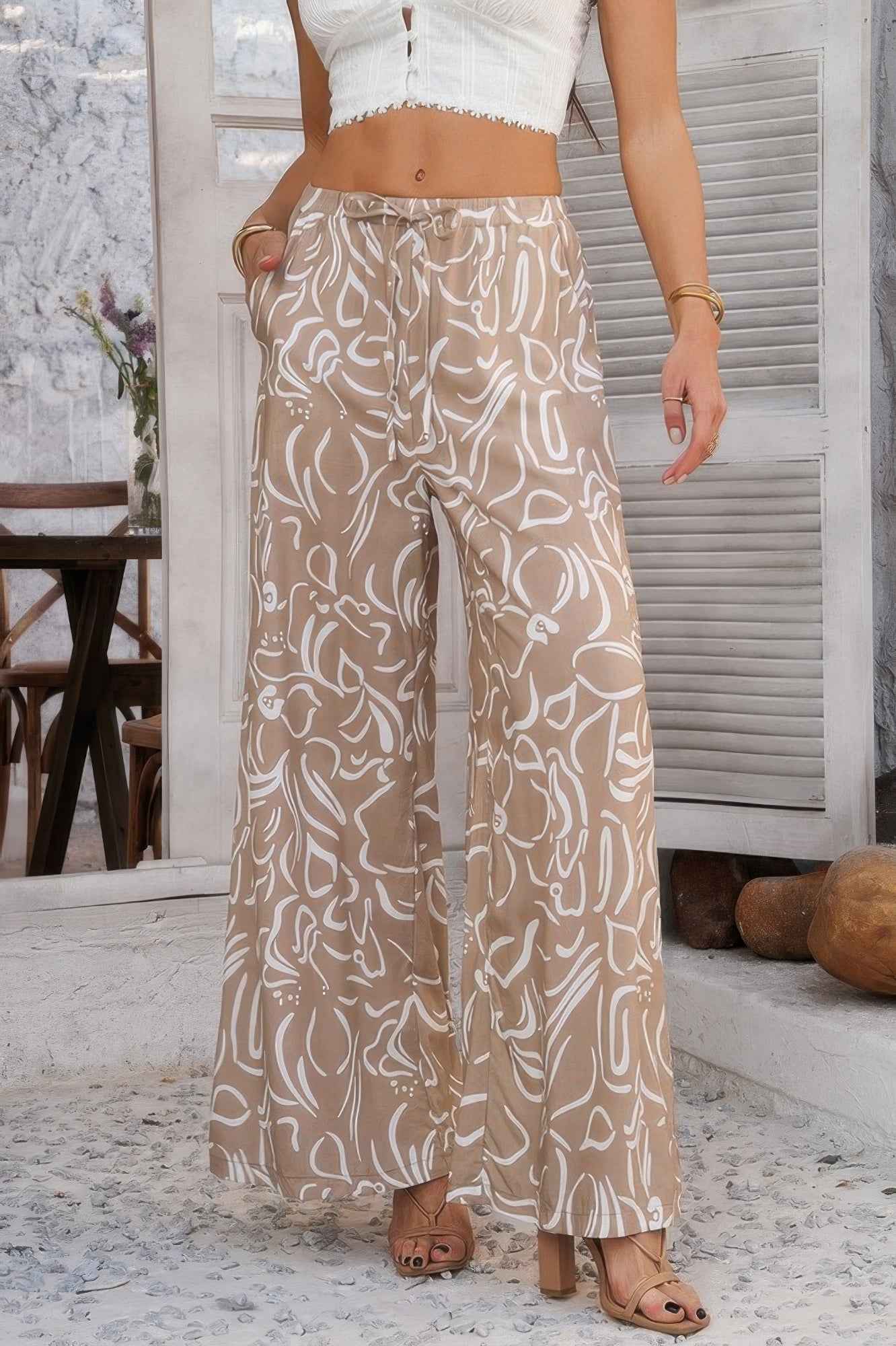 Allover Print Drawstring Pockets Wide Leg Pants