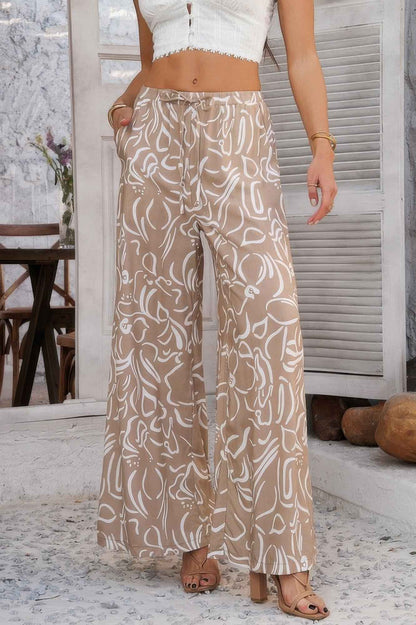 Allover Print Drawstring Pockets Wide Leg Pants