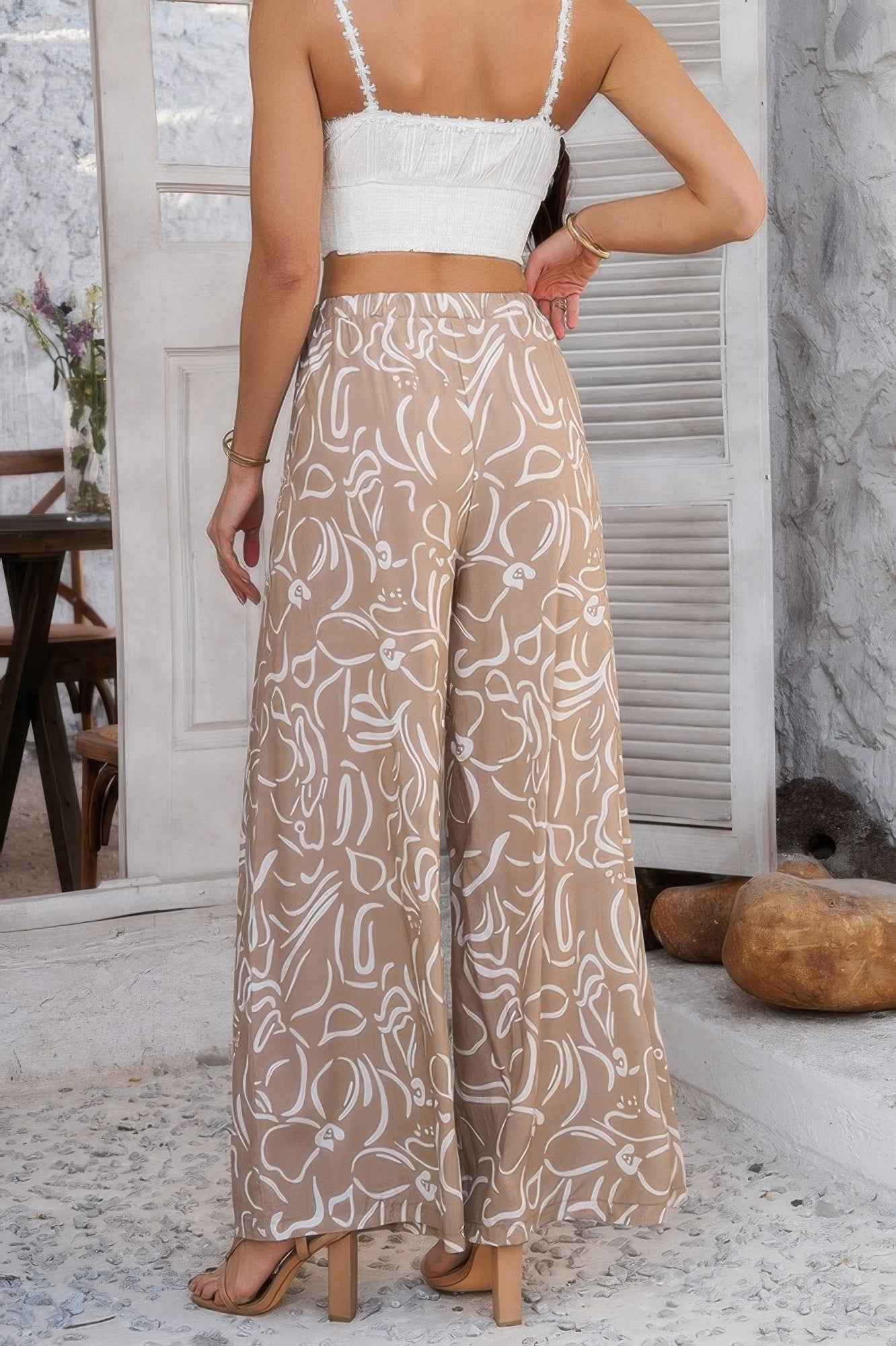 Allover Print Drawstring Pockets Wide Leg Pants