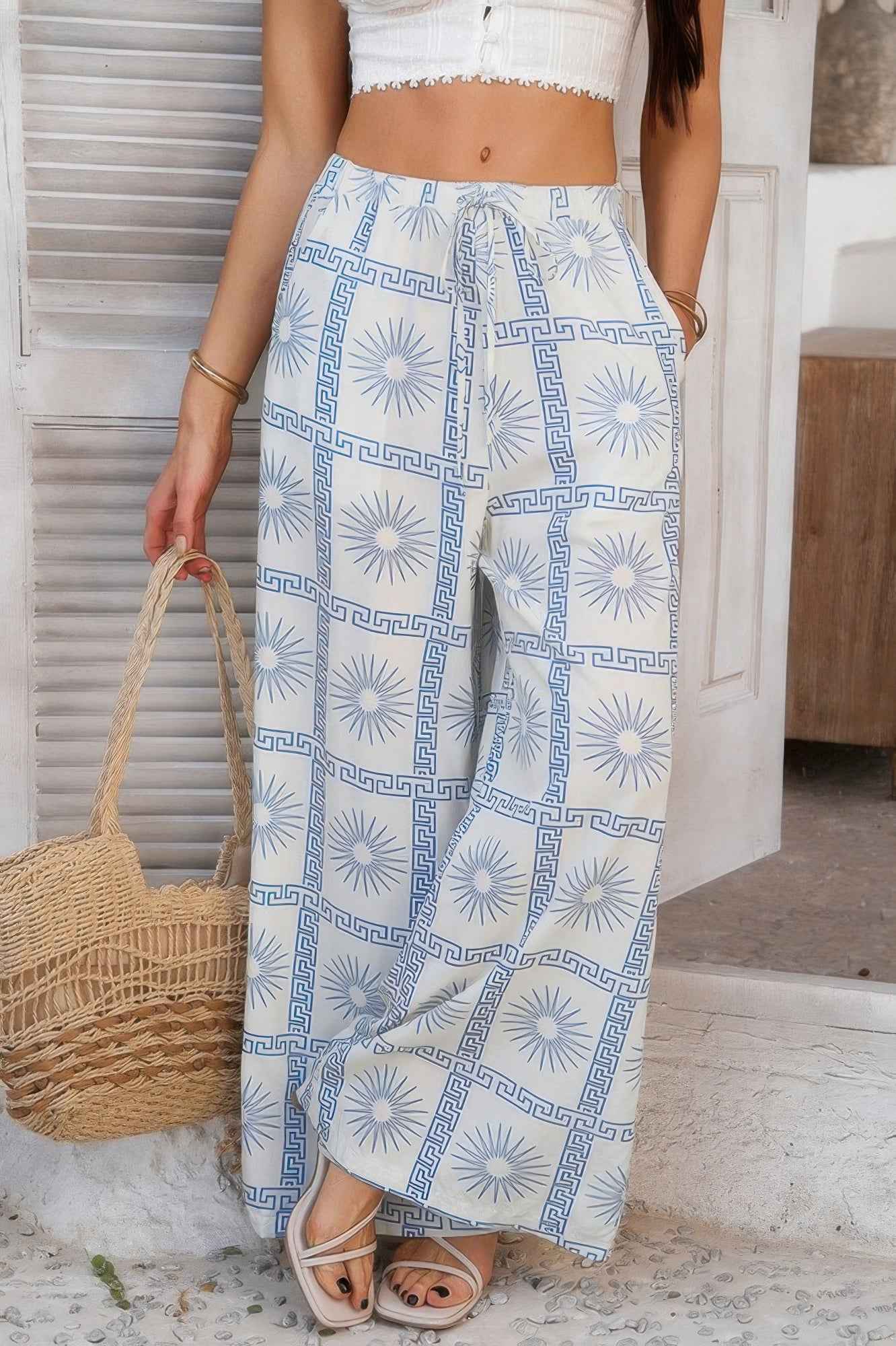 Allover Print Drawstring Pockets Wide Leg Pants