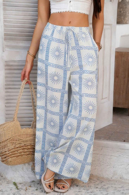 Allover Print Drawstring Pockets Wide Leg Pants