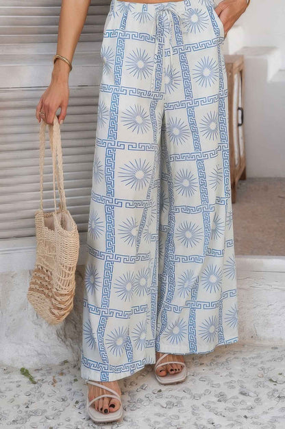 Allover Print Drawstring Pockets Wide Leg Pants