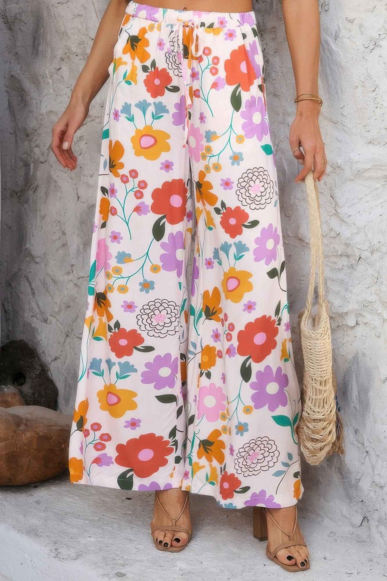 Allover Print Drawstring Pockets Wide Leg Pants