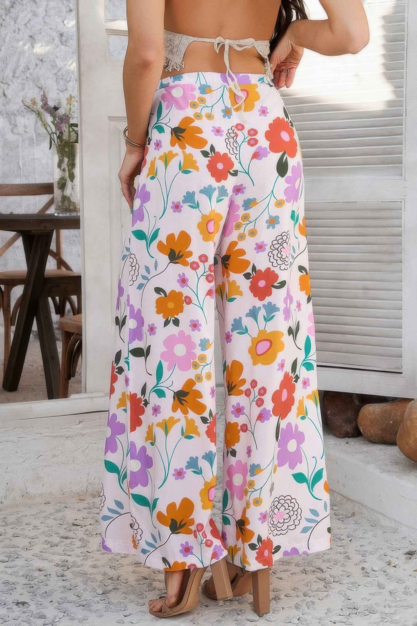 Allover Print Drawstring Pockets Wide Leg Pants
