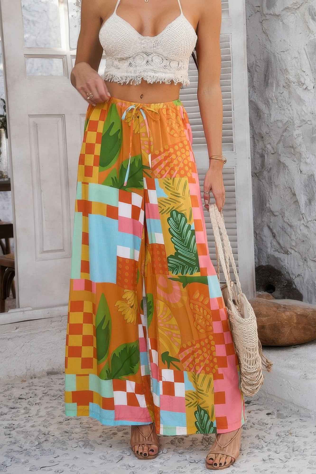 Allover Print Drawstring Pockets Wide Leg Pants