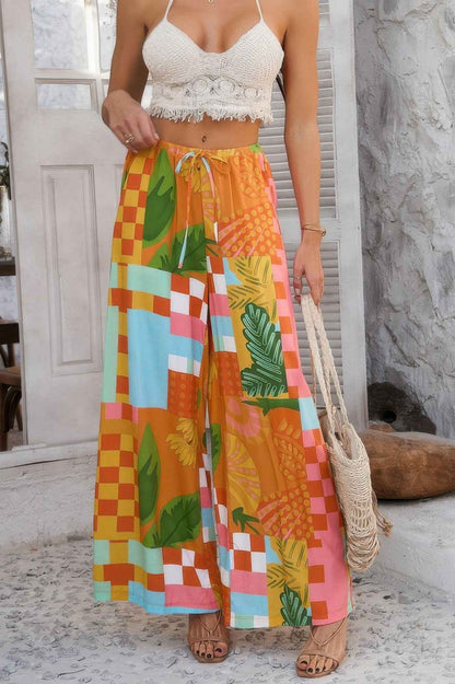 Allover Print Drawstring Pockets Wide Leg Pants