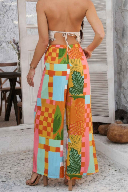 Allover Print Drawstring Pockets Wide Leg Pants
