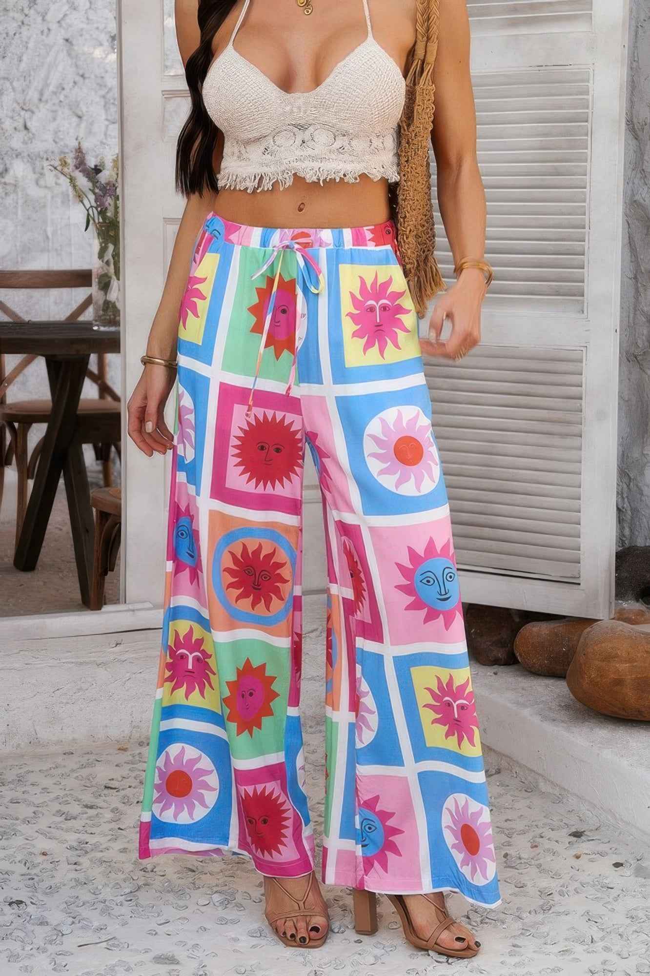 Allover Print Drawstring Pockets Wide Leg Pants