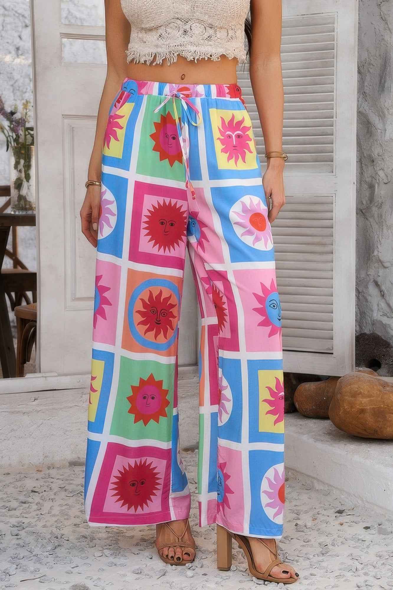 Allover Print Drawstring Pockets Wide Leg Pants