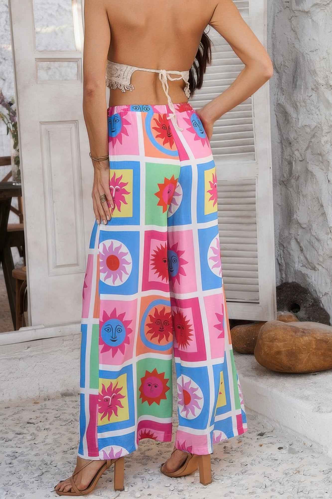 Allover Print Drawstring Pockets Wide Leg Pants