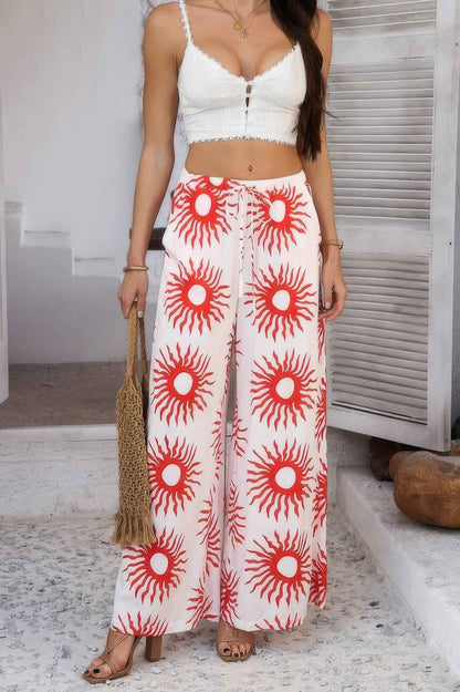 Allover Print Drawstring Pockets Wide Leg Pants
