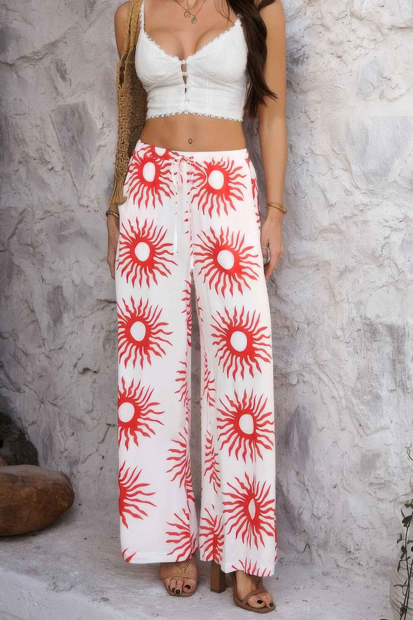 Allover Print Drawstring Pockets Wide Leg Pants