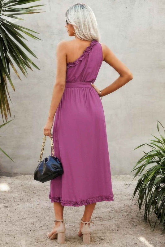 One Shoulder Sleeveless Belt Maxi Dress