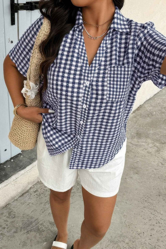 Plus Size Plaid Pocket Short Sleeve Loose Blouse