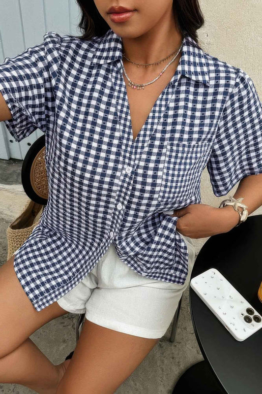 Plus Size Plaid Pocket Short Sleeve Loose Blouse