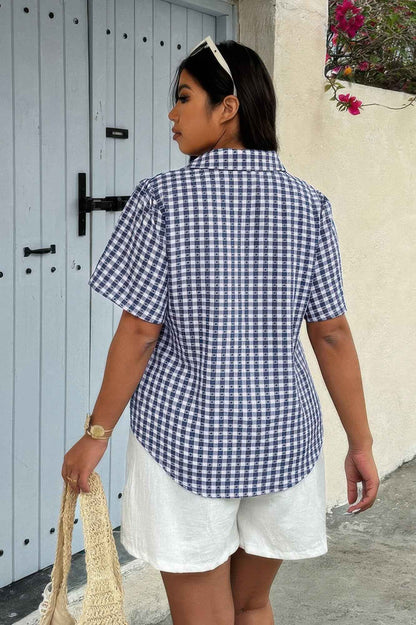 Plus Size Plaid Pocket Short Sleeve Loose Blouse