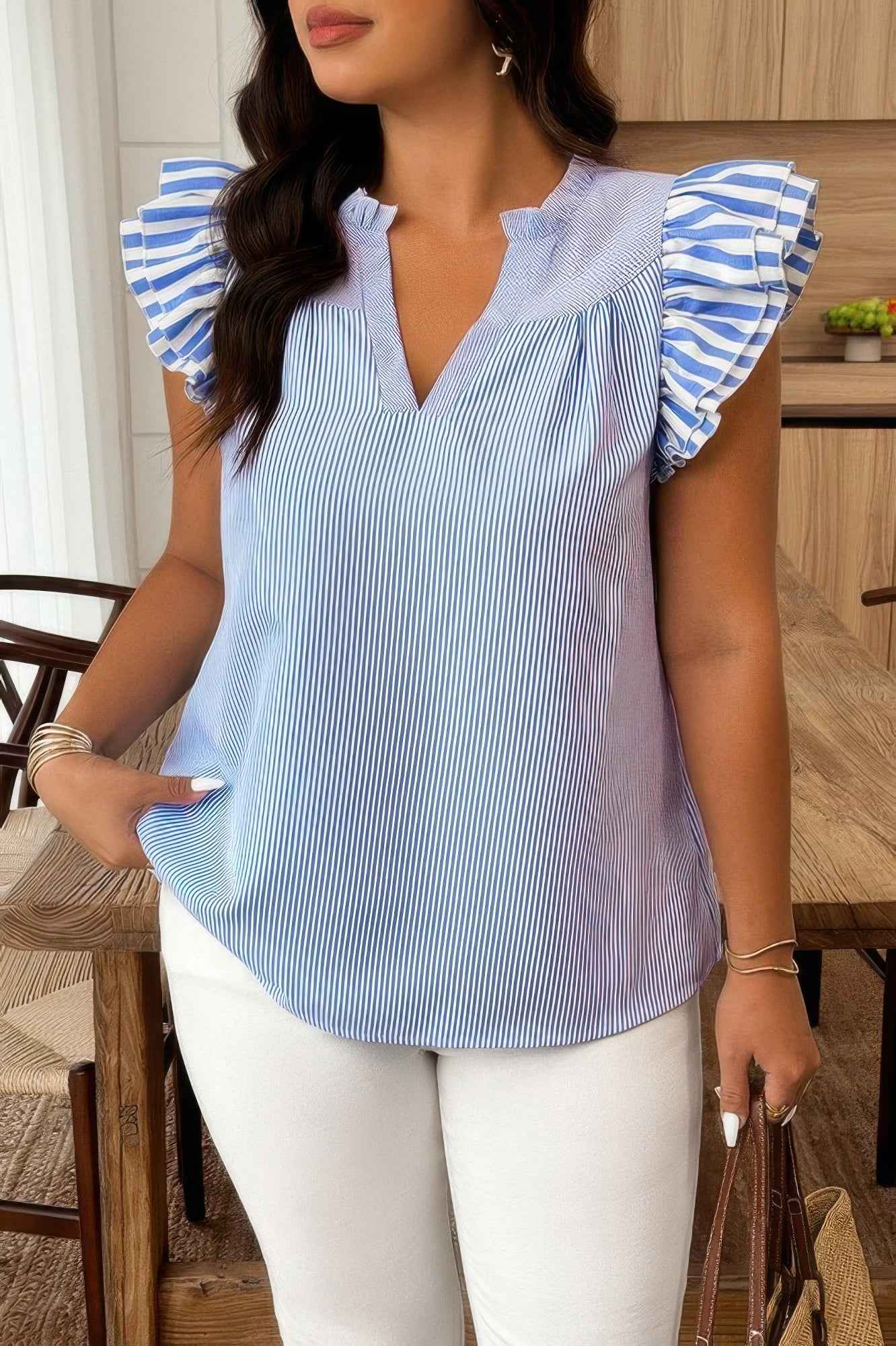 Plus Size Striped V Neck Flutter Sleeve Blouse