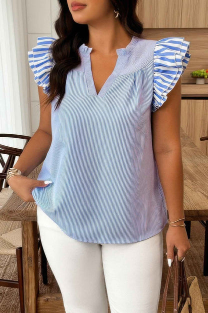 Plus Size Striped V Neck Flutter Sleeve Blouse