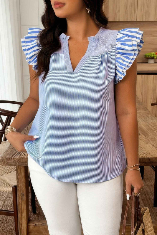 Plus Size Striped V Neck Flutter Sleeve Blouse