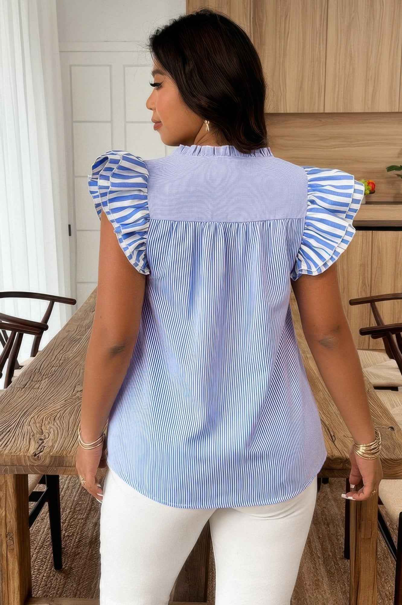 Plus Size Striped V Neck Flutter Sleeve Blouse