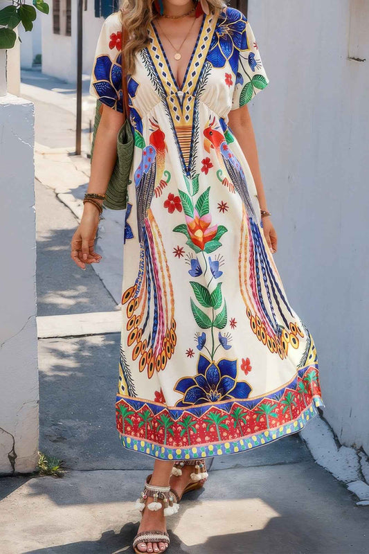 Floral Deep V Neck Batwing Sleeve Fit Dress