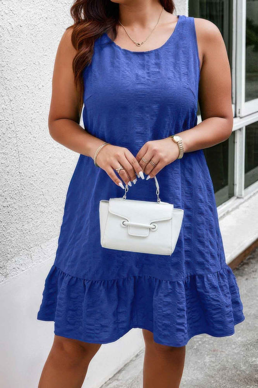 Plus Solid Ruffle Hem Hollow Out Sleeveless Dress