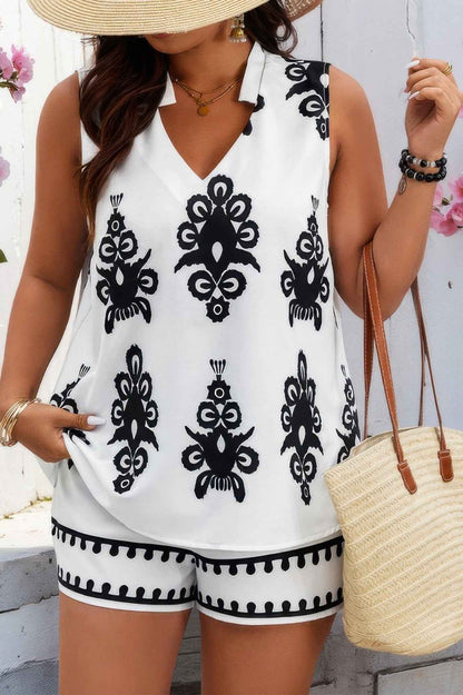 Plus Printed V Neck Loose Shirt And Shorts Set