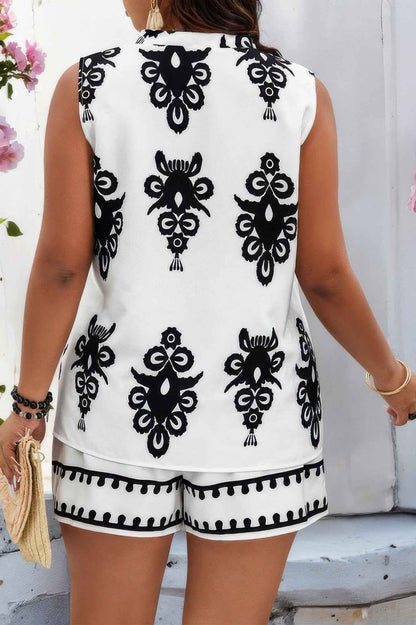 Plus Printed V Neck Loose Shirt And Shorts Set