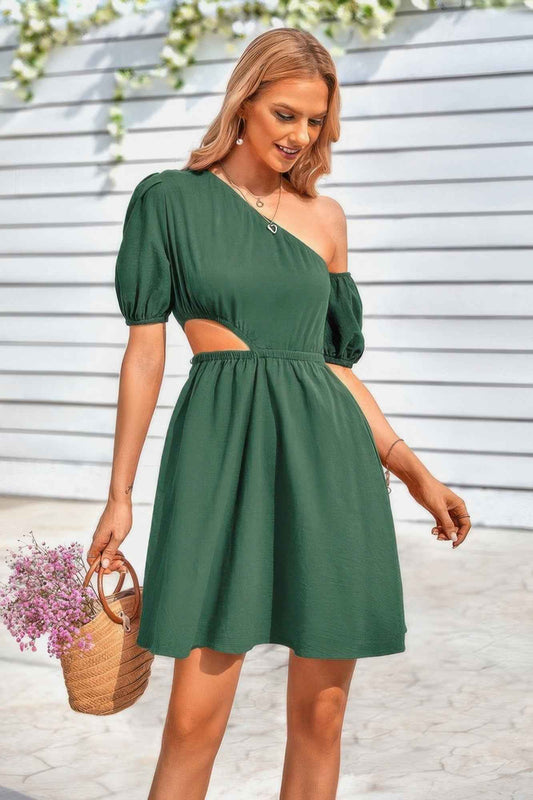 One Shoulder Puff Sleeve A Line Dress