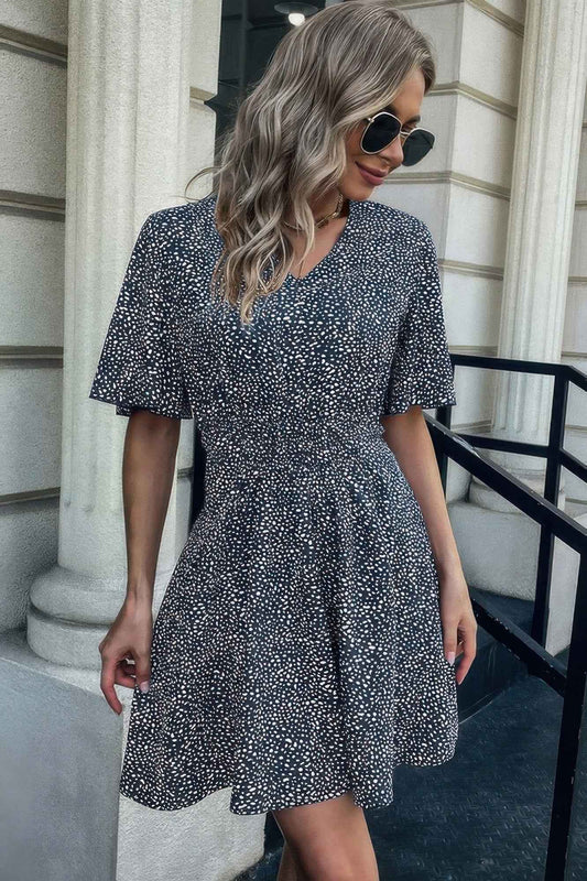 V Neck Leopard Print Ruffled Mini Dress
