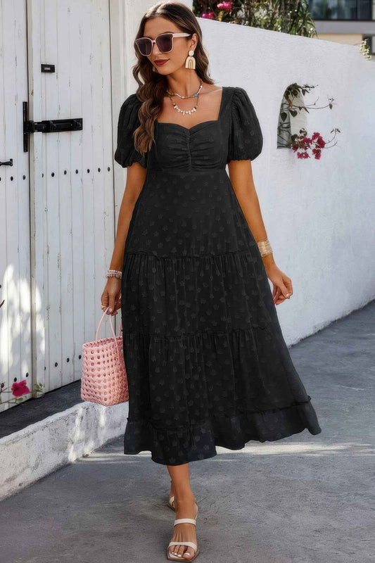 Square Neck Swiss Dot Ruffle Puff Sleeves Dress