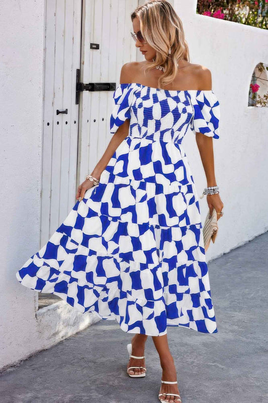 Allover Print Off Shoulder Ruched Ruffle Dress