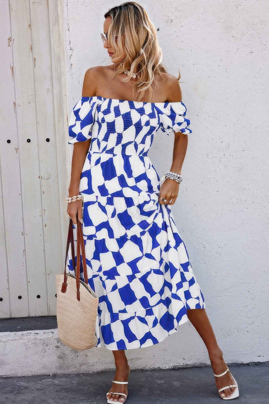 Allover Print Off Shoulder Ruched Ruffle Dress