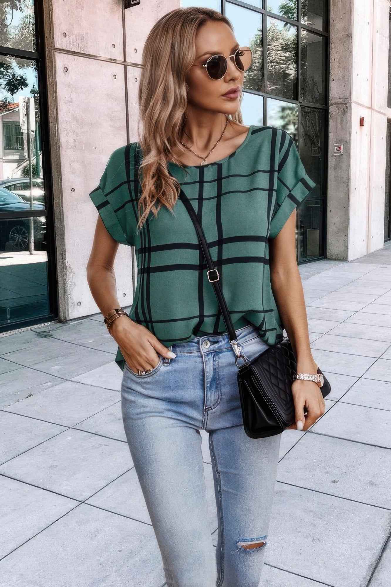 Plaid Print Notched Neckline Batwing Sleeve Blouse