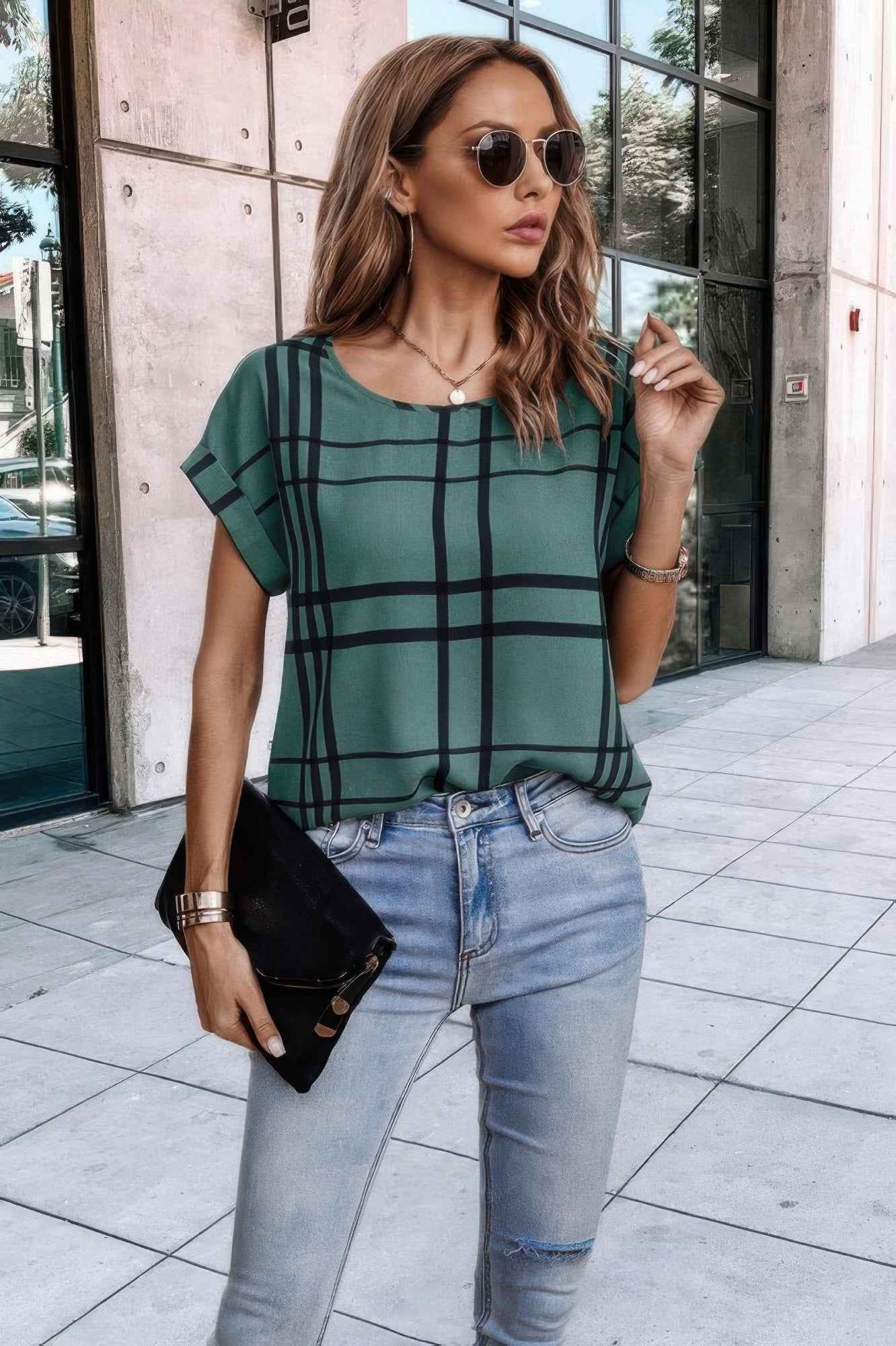Plaid Print Notched Neckline Batwing Sleeve Blouse