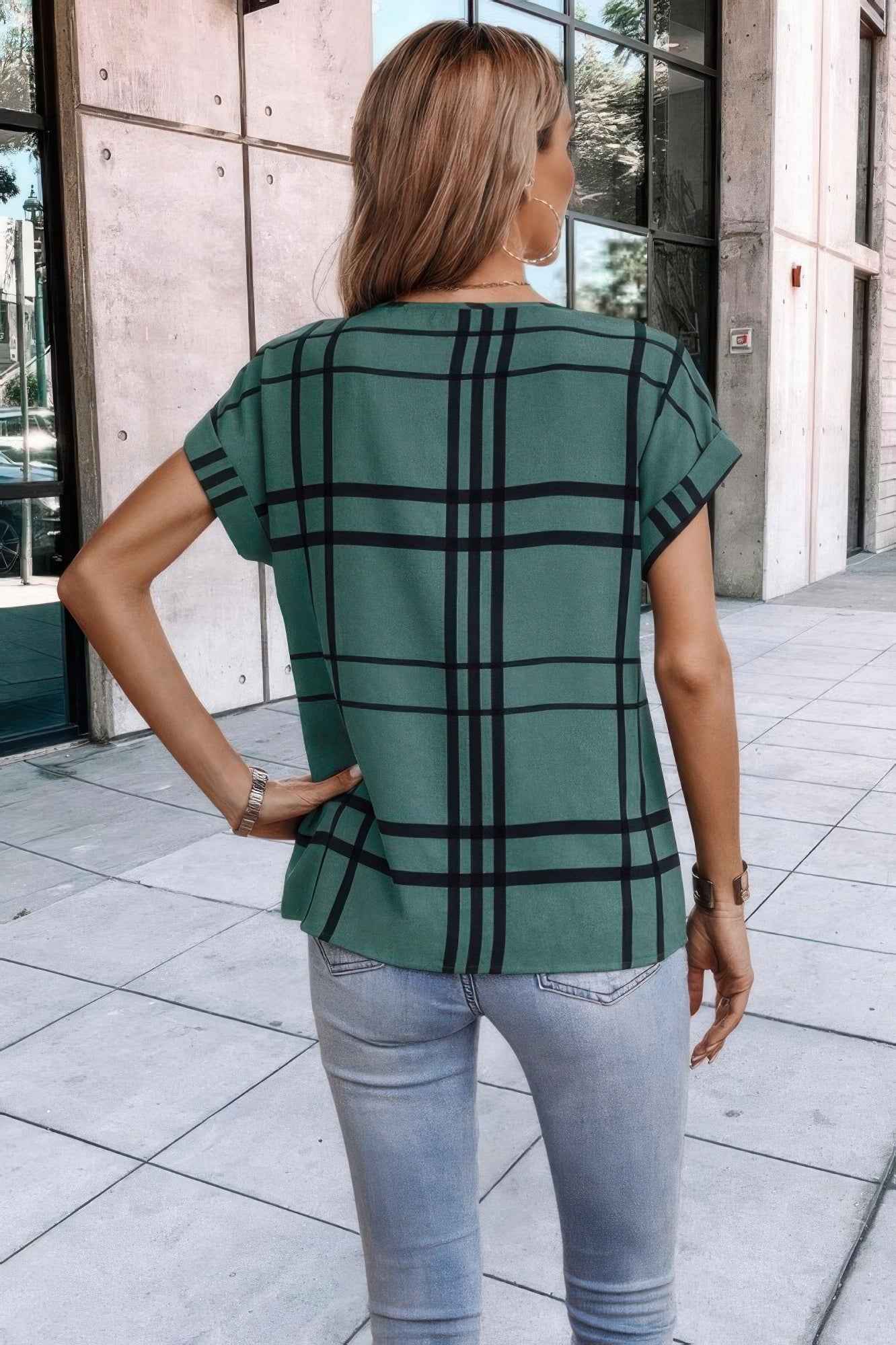 Plaid Print Notched Neckline Batwing Sleeve Blouse