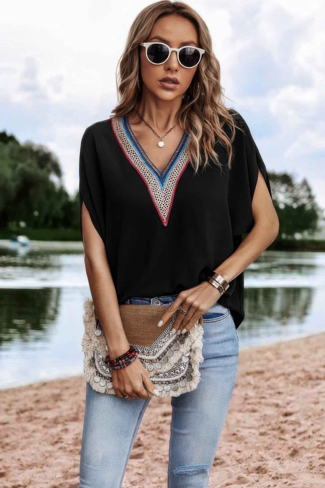 V Neck Short Dolman Sleeves Boho Loose Top