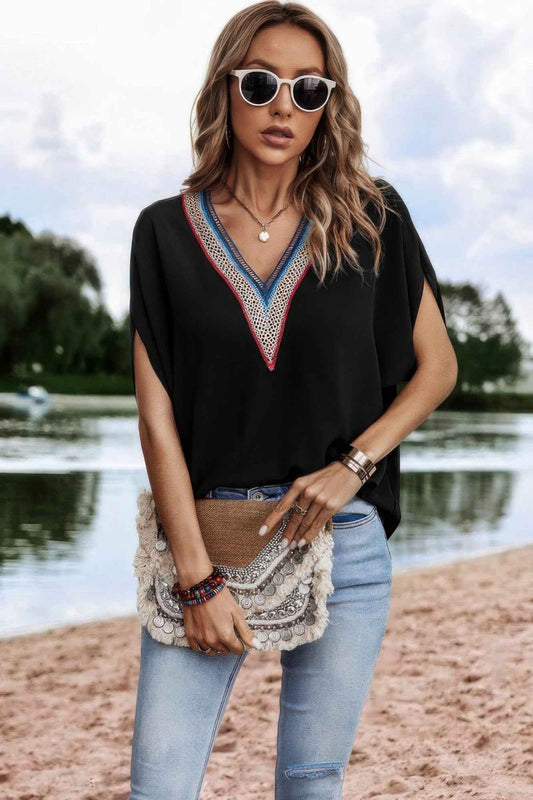 V Neck Short Dolman Sleeves Boho Loose Top